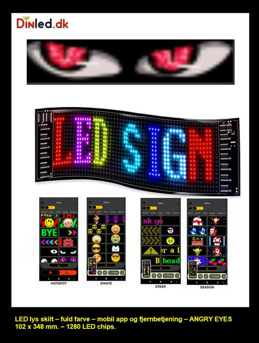 LED lys skilt - USB - fuld farvet . APP styring  - 348 x 102 mm + ANGRY EYES