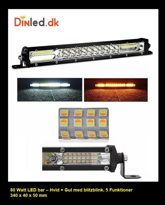 Super slim 80 watt LED lys bar, Hvid + Gul med blitzblink