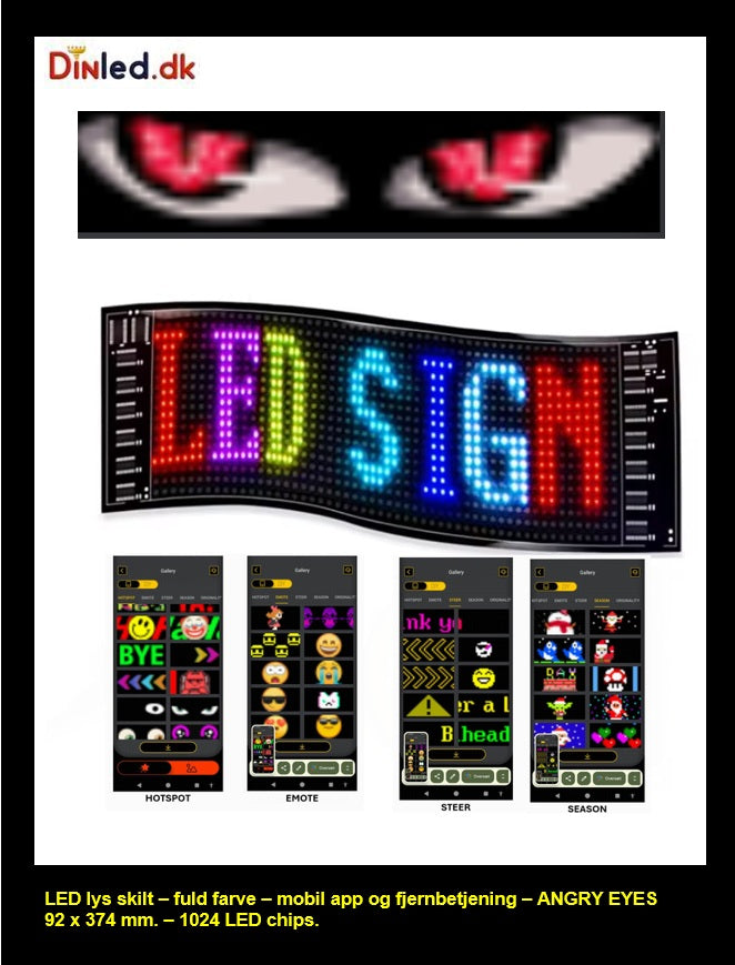 LED lys skilt - USB - fuld farvet . APP styring - 374 x 92 mm +ANGRY EYES