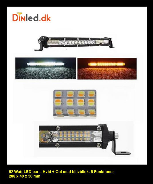 Super slim 52 watt LED lys bar, Hvid + Gul med blitzblink