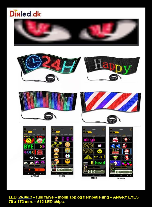 LED lys skilt - USB - fuld farvet . APP styring - 173 x 70 mm +ANGRY EYES