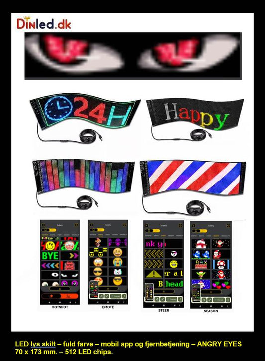 LED lys skilt - USB - fuld farvet . APP styring  - 173 x 70 mm +ANGRY EYES