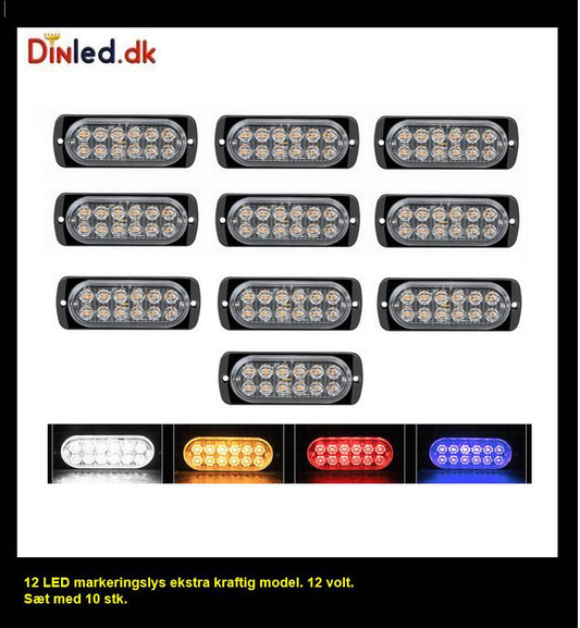 12 LED markeringslygte, 12v - kraftig model - sæt med 10 stk.