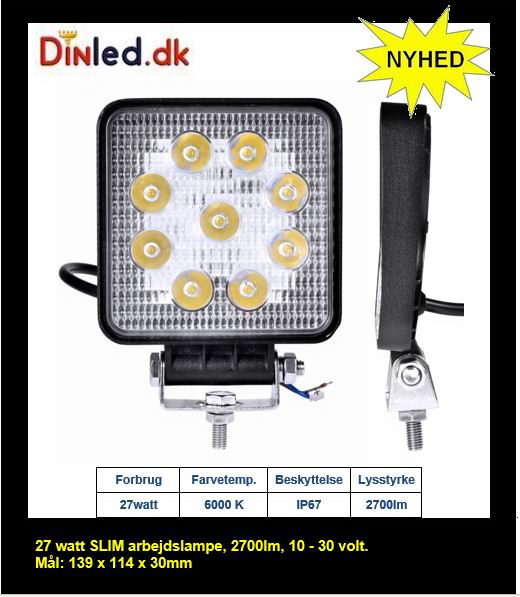 LED køretøjs projektør 27 watt 12/24 volt - Square, SUPER SLIM