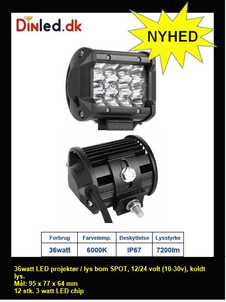 LED 3 rækkers projektør 36 watt 12/24 volt