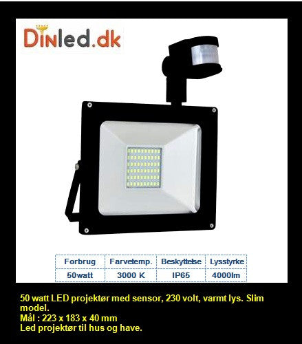 LED slim projektør 50 watt med bevægelsessensor