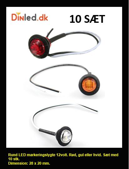 Rund LED markeringslygte, 12v  sæt med 10 stk