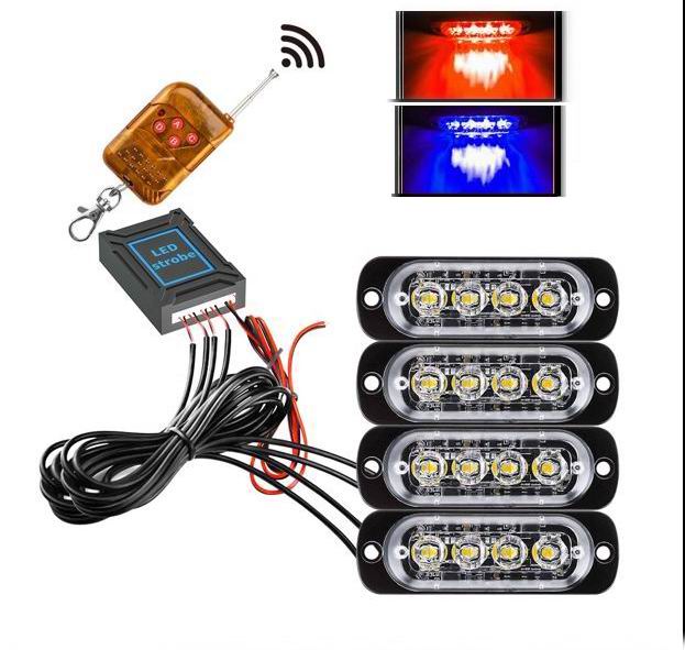 4 x 4 LED Blitzblink / strobe blink 12 / 24 v - med fjernbetjening