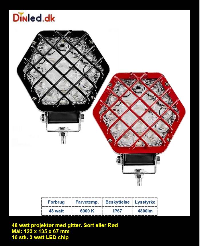 LED køretøjs projektør 48 watt 12/24/48 volt - med gitter