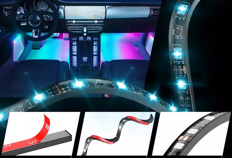 Musik styret sæt med 4 x 12 RGB led skinner - 12v - APP styring + Fjernbetjening