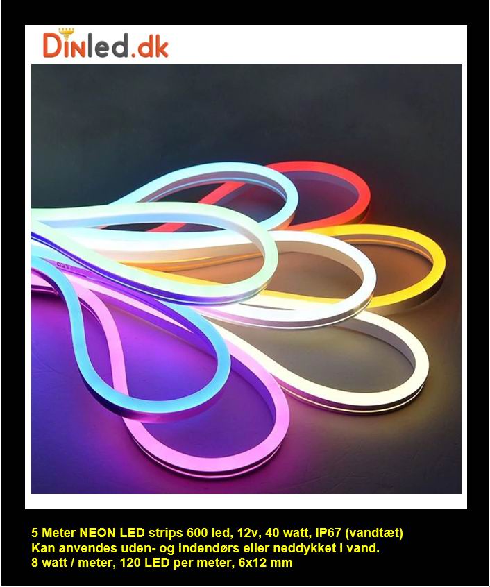 5 meter NEON Led strip, 12 volt, 40 watt, 3600 lumen, IP67, 600 LED.
