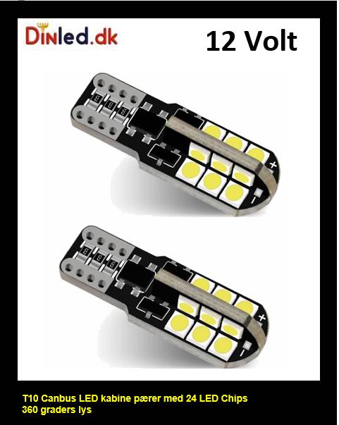 T10 W5W CANBUS LED pære - sæt med 2 stk. - 12v
