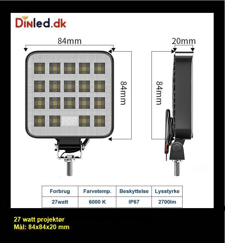 LED køretøjs projektør 27 watt 12/24/48 volt - kompakt slim model