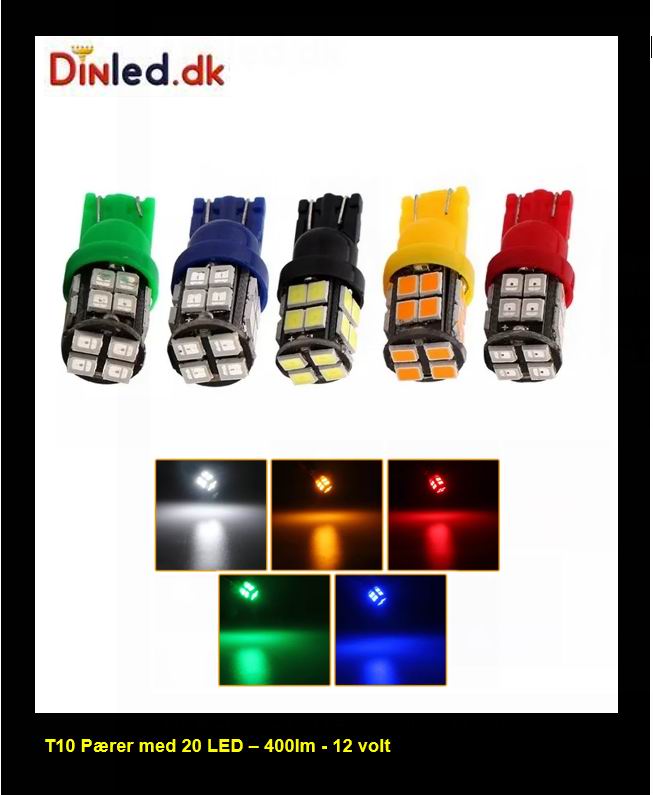 T10 W5W LED pære - sæt med 2 stk. - 12v