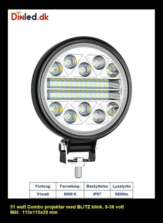 LED køretøjs projektør 51 watt COMBO, med BLITZ blink