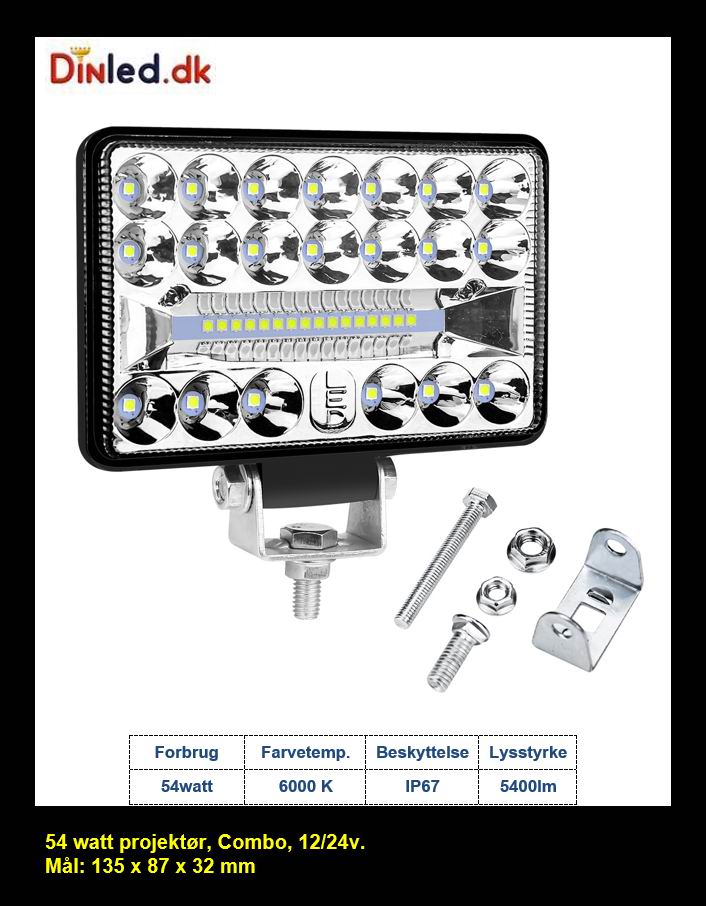 LED køretøjs projektør 54 watt COMBO, Slim 12/24/48 volt