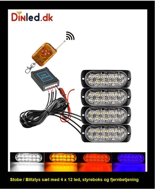 4 x 12 LED Blitzblink / strobe blink 12 / 24v - med fjernbetjening