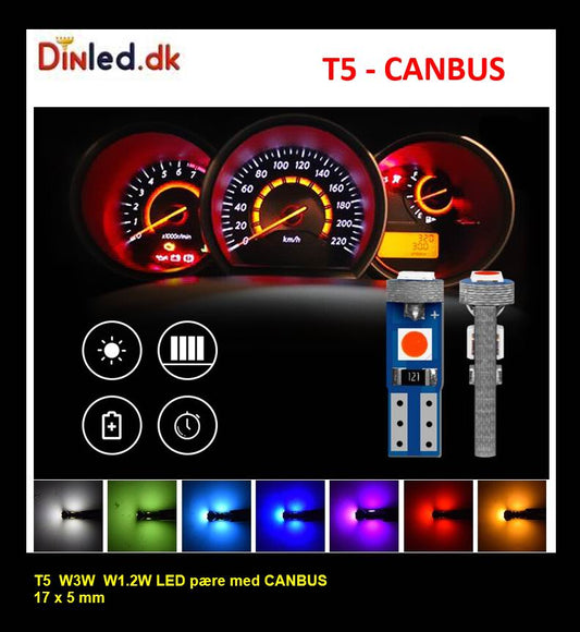 T5 W3W CANBUS LED  pære  - sæt med  2 stk., 12v