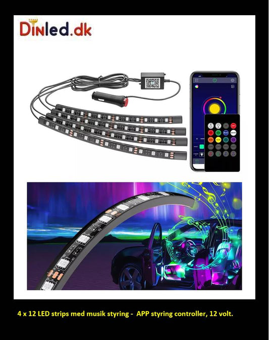 Musik styret sæt med 4 x 12 RGB led skinner - 12v - APP styring + Fjernbetjening