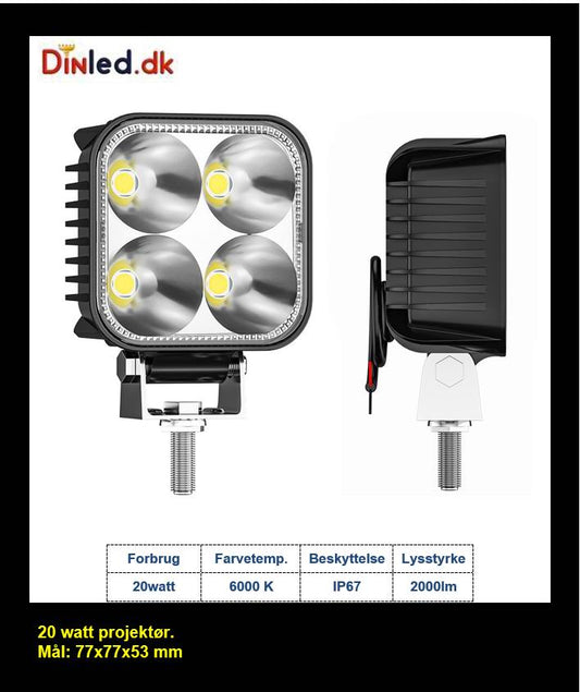 LED køretøjs projektør 20 watt 12/24/48 volt - m. Blitz blink