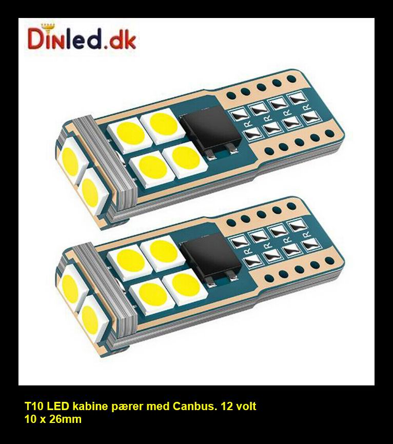T10 W5W CANBUS LED pære - sæt med 2 stk. - 12v