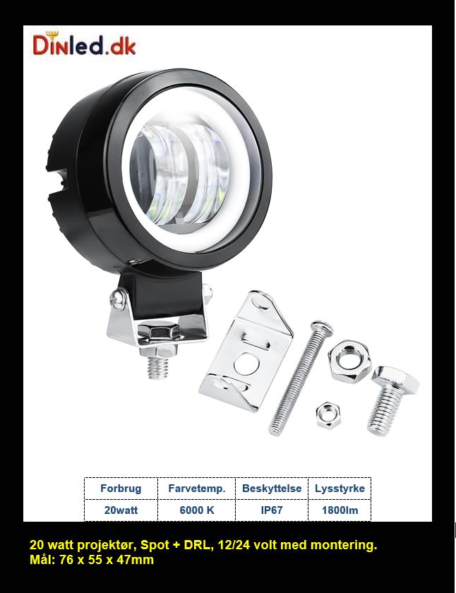 LED køretøjs projektør 20 watt 12/24 volt - HALO - Rund