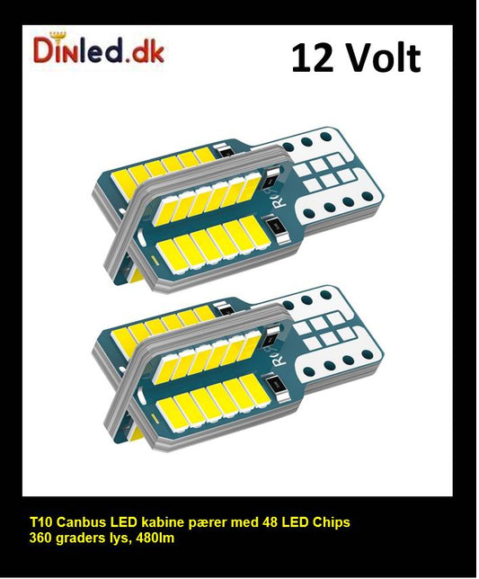 T10 W5W CANBUS LED  pære  48LED - sæt med  2 stk., 12v