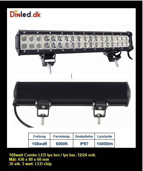 LED Lys bro / lys bar 108 watt 12/24 volt Combo