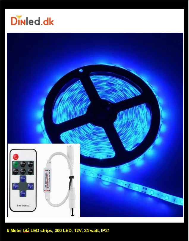5 meter BLÅ, 12 volt, 24 watt, P20, 300 LED, Led strip