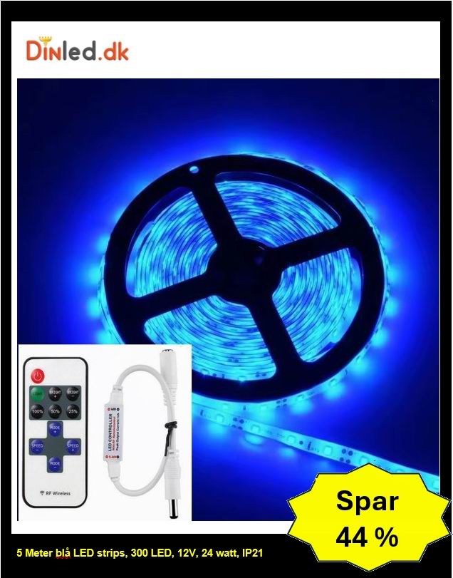 5 meter BLÅ, 12 volt, 24 watt, P20, 300 LED, Led strip