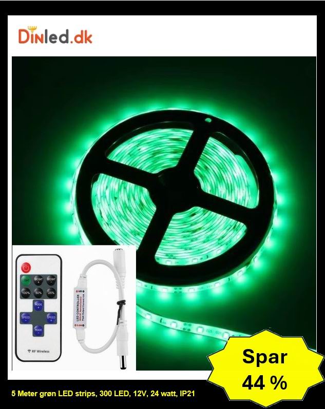 5 meter GRØN, 12 volt, 24 watt, P20, 300 LED, Led strip