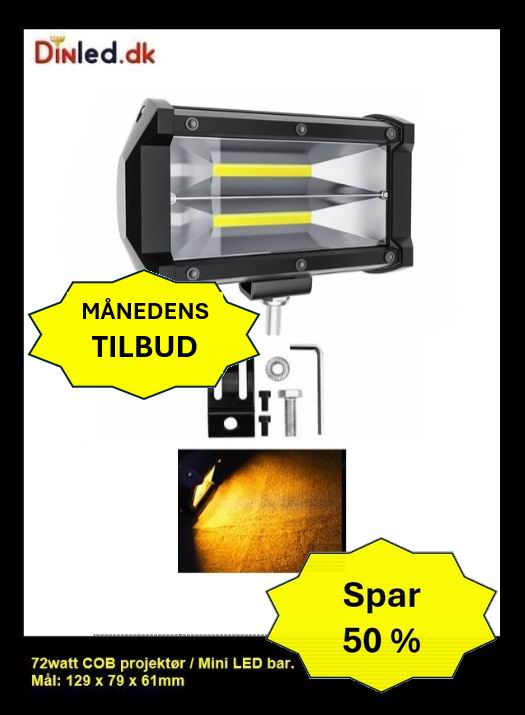 LED COB projektør 72 watt 12/24 volt - 2 rækker - gult lys