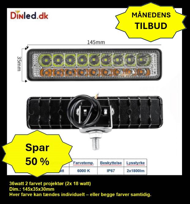 LED køretøjs projektør 36 watt (2x18 watt) 12/24/48 volt - 2 farvet