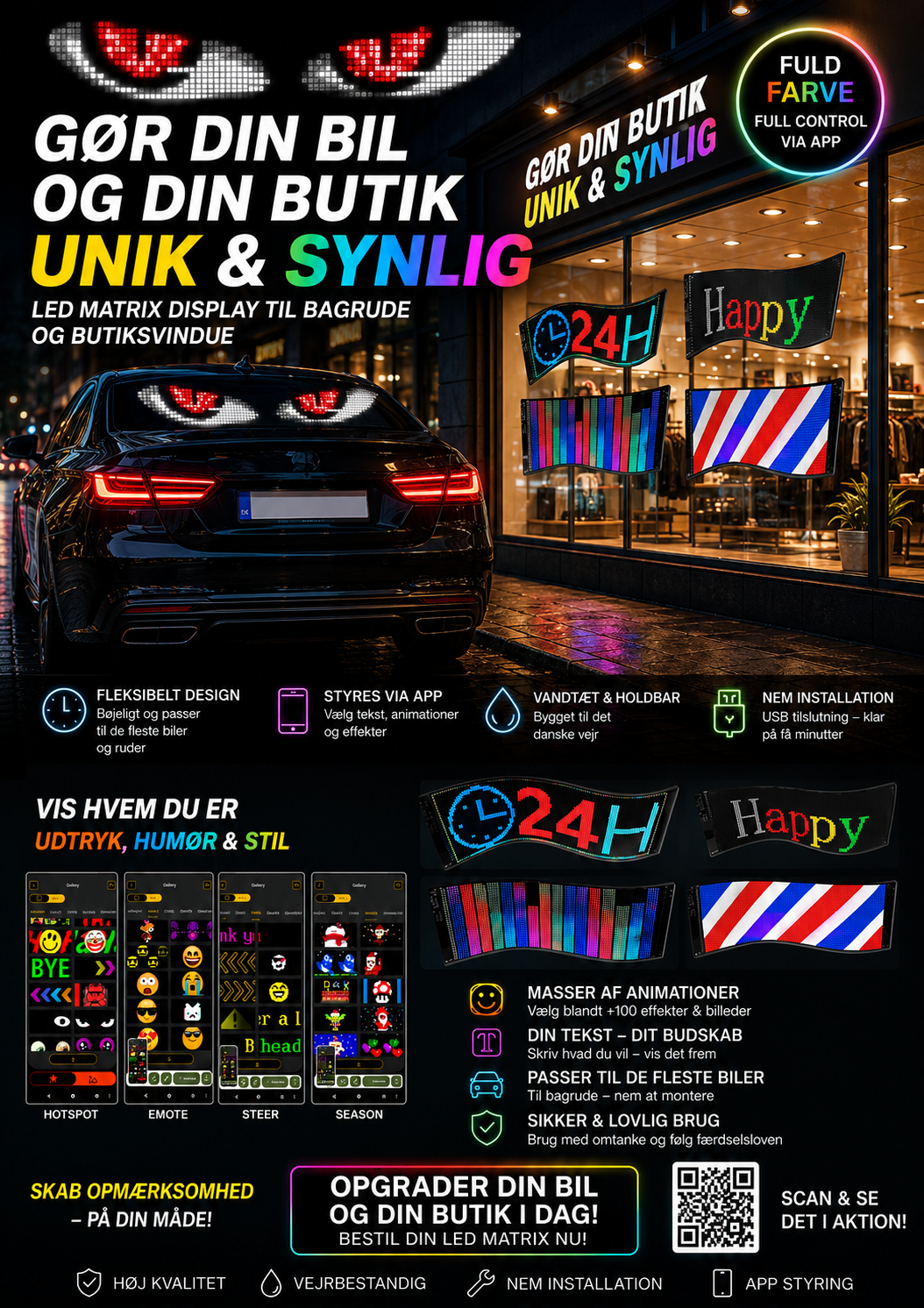 LED lys skilt - USB - fuld farvet . APP styring  - 595 x 120 mm + ANGRY EYES