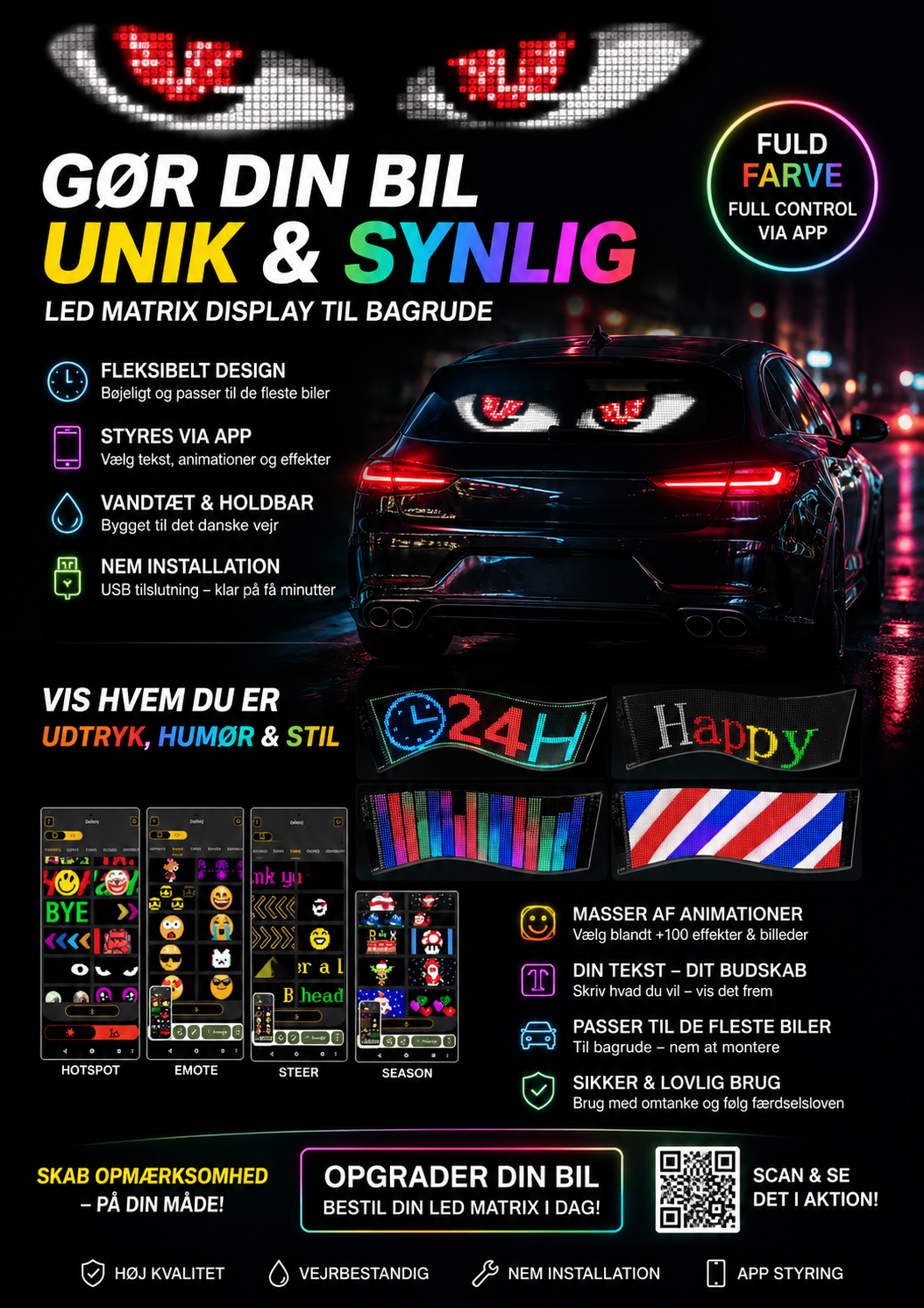 LED lys skilt - USB - fuld farvet . APP styring  - 595 x 120 mm + ANGRY EYES