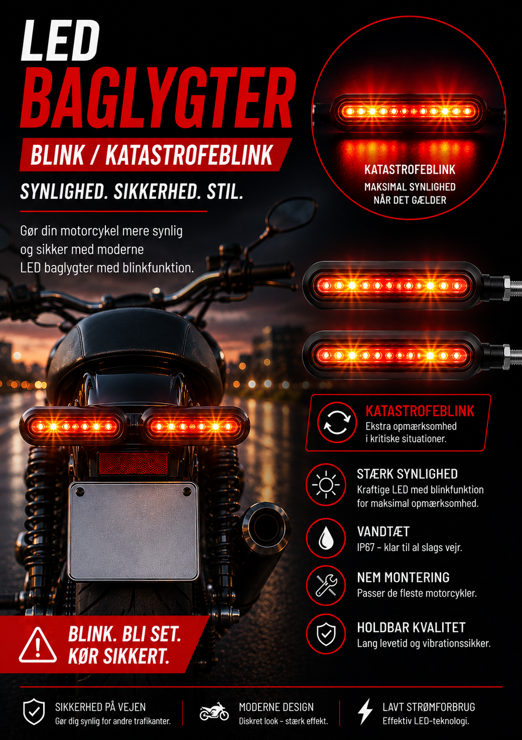 Blinklygter / katastrofeblink med rødt dynamisk (løbende) lys - sæt m. 2 stk.