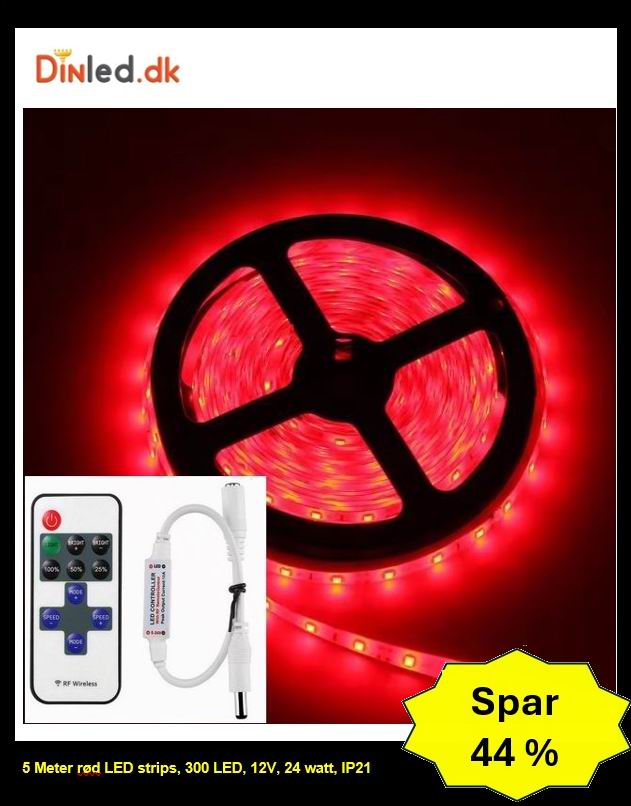 5 meter RØD, 12 volt, 24 watt, P20, 300 LED, Led strip