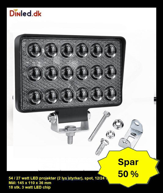 LED køretøjs projektør 54 / 27 watt SPOT, Slim 10-80 volt