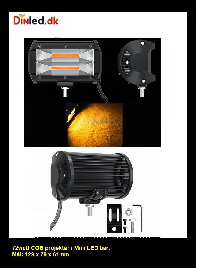 LED COB projektør 72 watt 12/24 volt - 2 rækker - gult lys