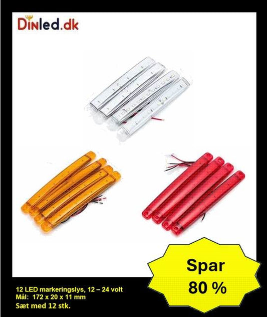 12 LED  markeringslygte, 12- 24v - sæt med 12 stk