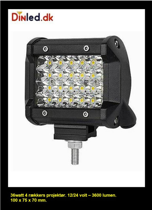 Kompakt 4 rækkers LED projektør 36 watt 12/24 volt