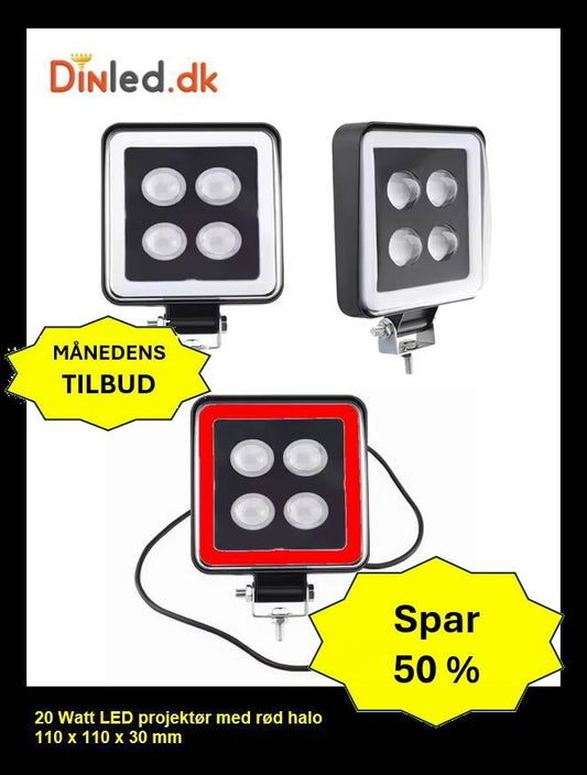 LED køretøjs projektør 20 watt 12-24v med rød halo