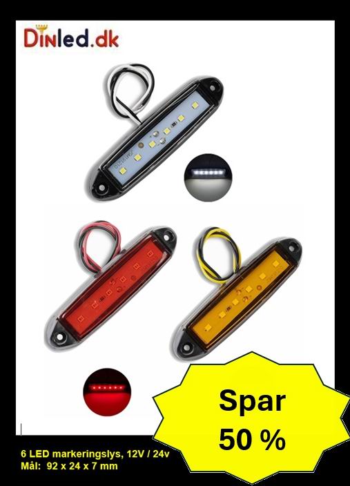 6 LED markeringslygte, 12- 24v - sæt med 5 stk