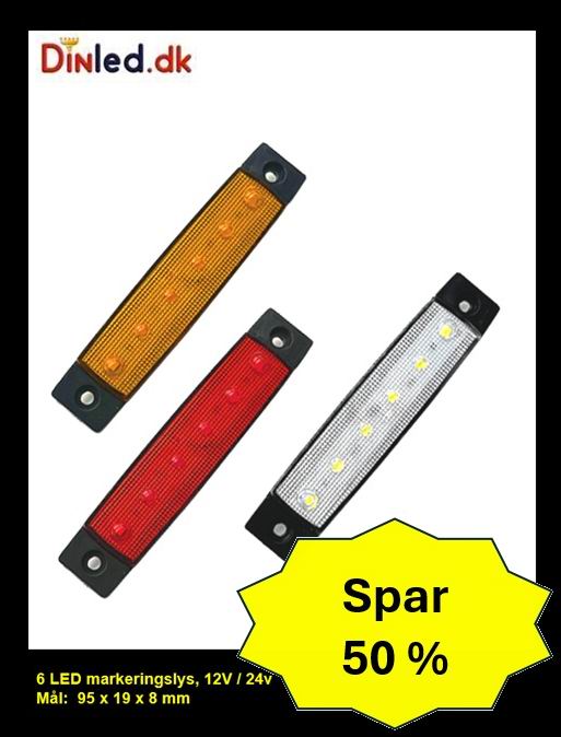 6 LED markeringslygte, 12- 24v - sæt med 5 stk