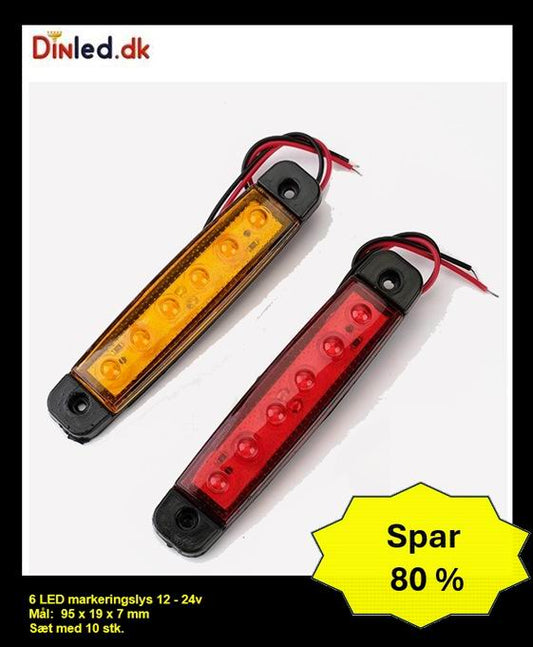 6 LED markeringslygte, 12- 24v - sæt med 10 stk