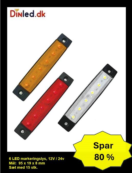 6 LED markeringslygte, 12- 24v - sæt med 15 stk