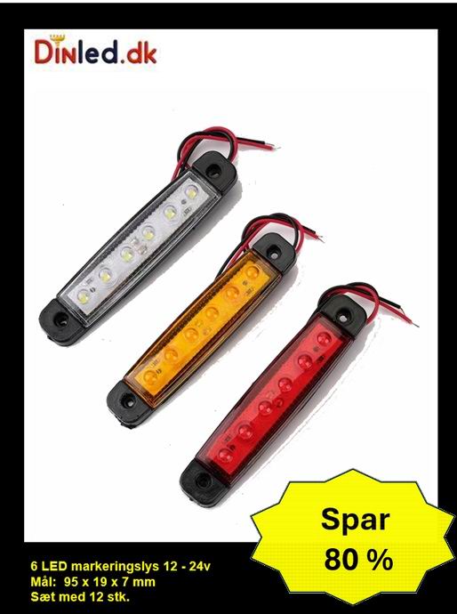 6 LED markeringslygte, 12- 24v - sæt med 12 stk