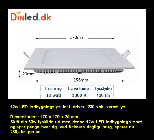 LED Indbygningslys 12w 220v, varmt lys - LAGER RYDNING