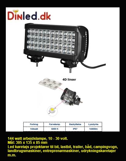 LED køretøjs projektør 144 watt 12/24 volt, Standard eller spot