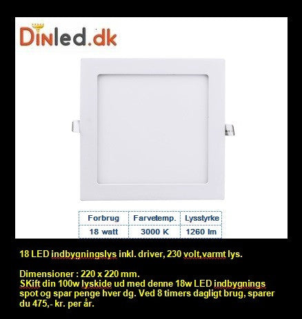 LED Indbygningslys 18w 220v, varmt lys